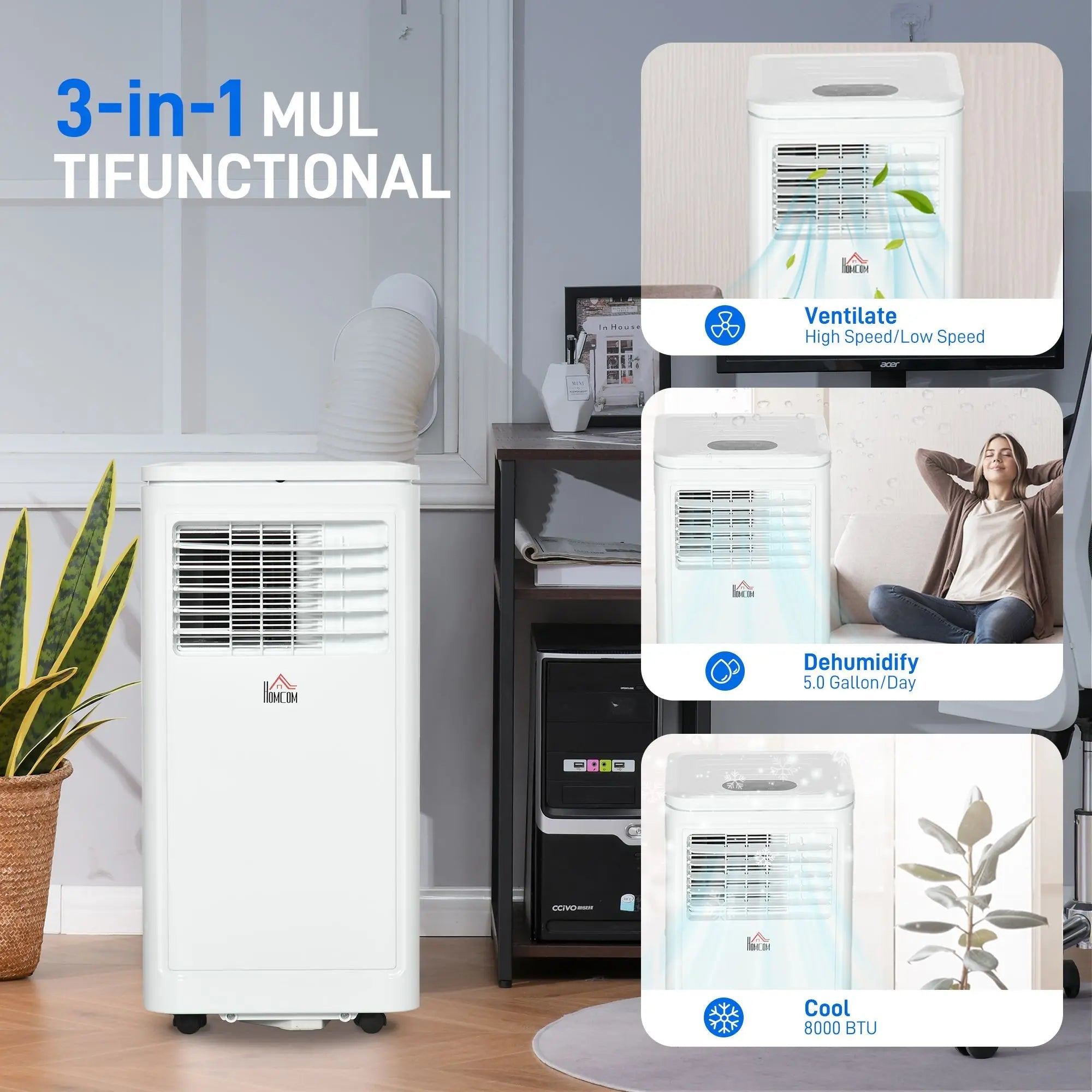 "24H Timer 8000 BTU Portable AC Unit with Dehumidifier & Remote Control for 161 Sq Ft Rooms (UK/EU Plug)" - Mixshoponline12