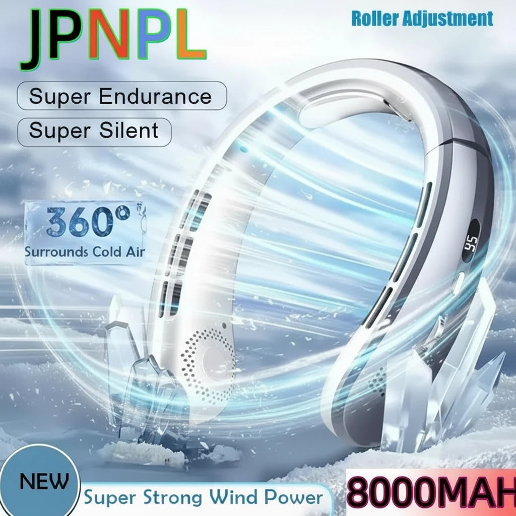 8000mAh USB Hanging Neck Fan Portable Bladeless Mini Rechargeable Mute LED Digital Display Electric Air Cooler Handheld