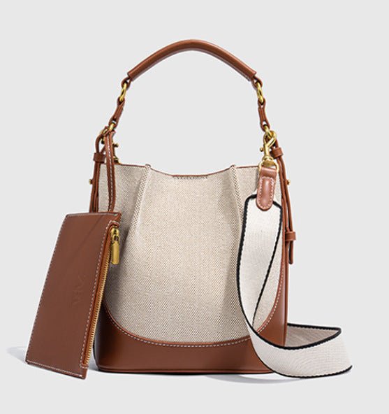 Za Canvas Bucket Bag with Unique Design, Fashionable Women's Bag with Contrasting Colors, Drawstring Closure, Wide Shoulder Strap, Handbag and Shoulder Bag for Export - Mixshoponline12