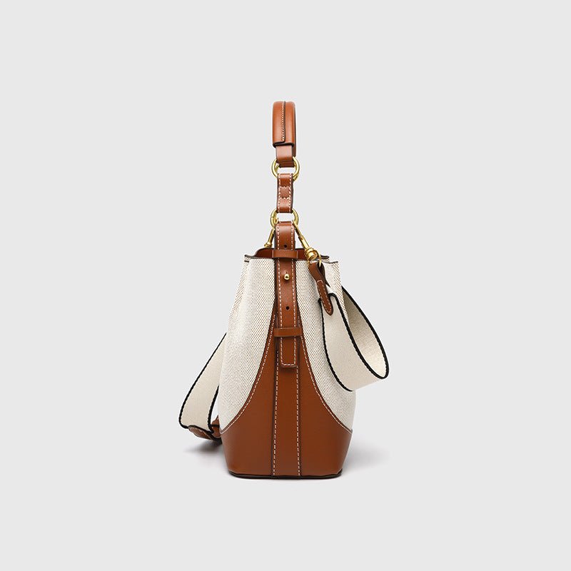 Za Canvas Bucket Bag with Unique Design, Fashionable Women's Bag with Contrasting Colors, Drawstring Closure, Wide Shoulder Strap, Handbag and Shoulder Bag for Export - Mixshoponline12