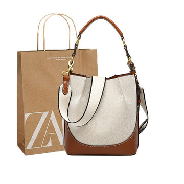 Za Canvas Bucket Bag with Unique Design, Fashionable Women's Bag with Contrasting Colors, Drawstring Closure, Wide Shoulder Strap, Handbag and Shoulder Bag for Export - Mixshoponline12