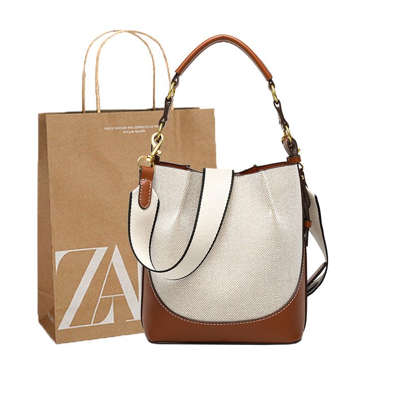 Za Canvas Bucket Bag with Unique Design, Fashionable Women's Bag with Contrasting Colors, Drawstring Closure, Wide Shoulder Strap, Handbag and Shoulder Bag for Export - Mixshoponline12